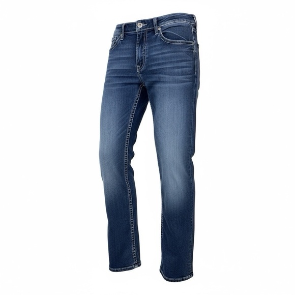 BKE Jake Jeans Mens 36x32 Distressed Dark Wash Straight Fit Stretch Denim T400 - Picture 1 of 16
